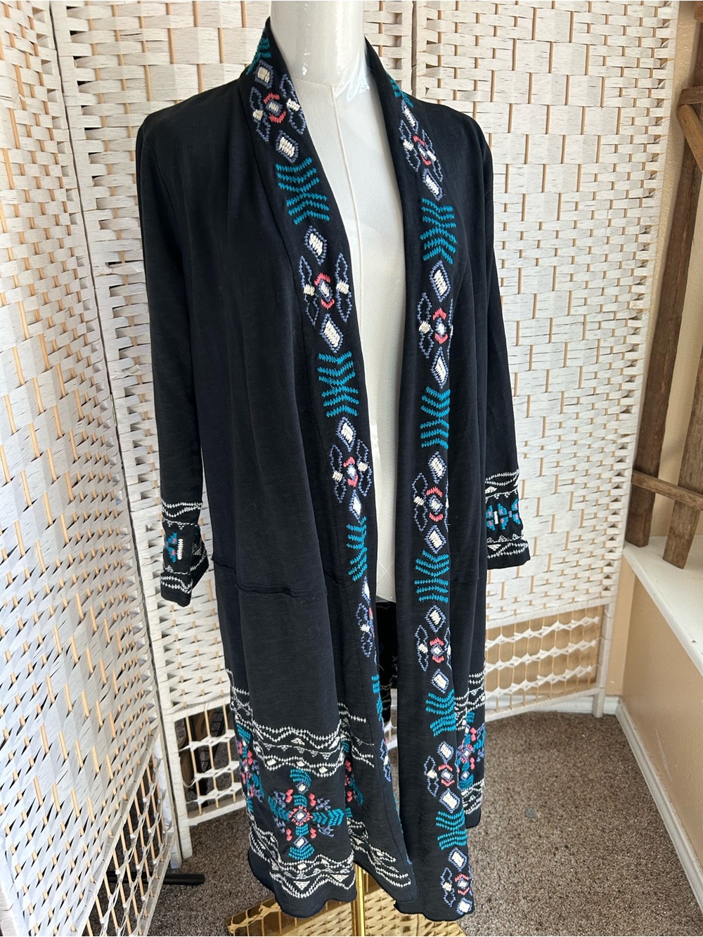 CAITE 100% Cotton Open-Front Cardigan Long Jacket Boho Western Black Teal Large